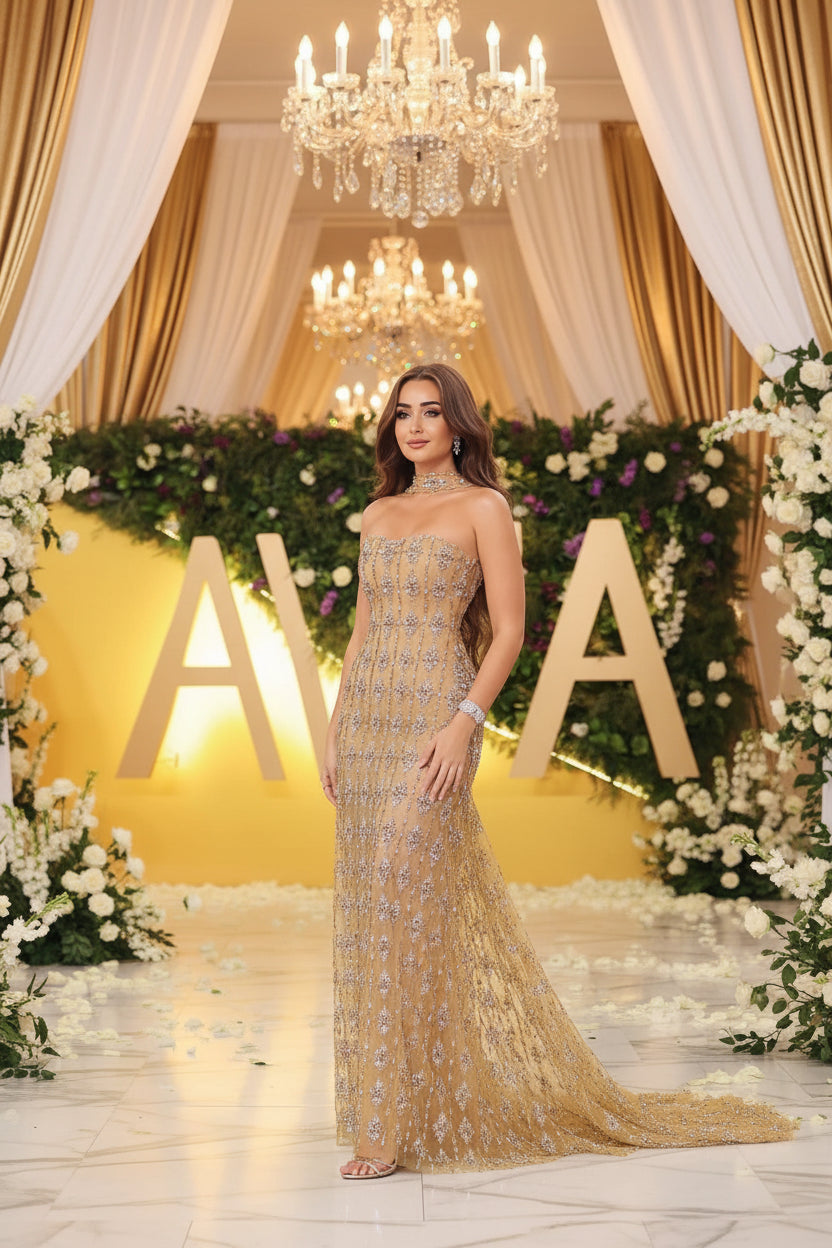 nude evening dress Andrea and Leo -A1481 Beaded Fitted Strapless Gown, NUDE GOLD