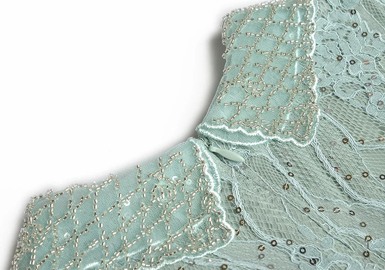 Amelia Beading Sequins Lantern Sleeve Lace Patchwork Jacquard Vintage Dress