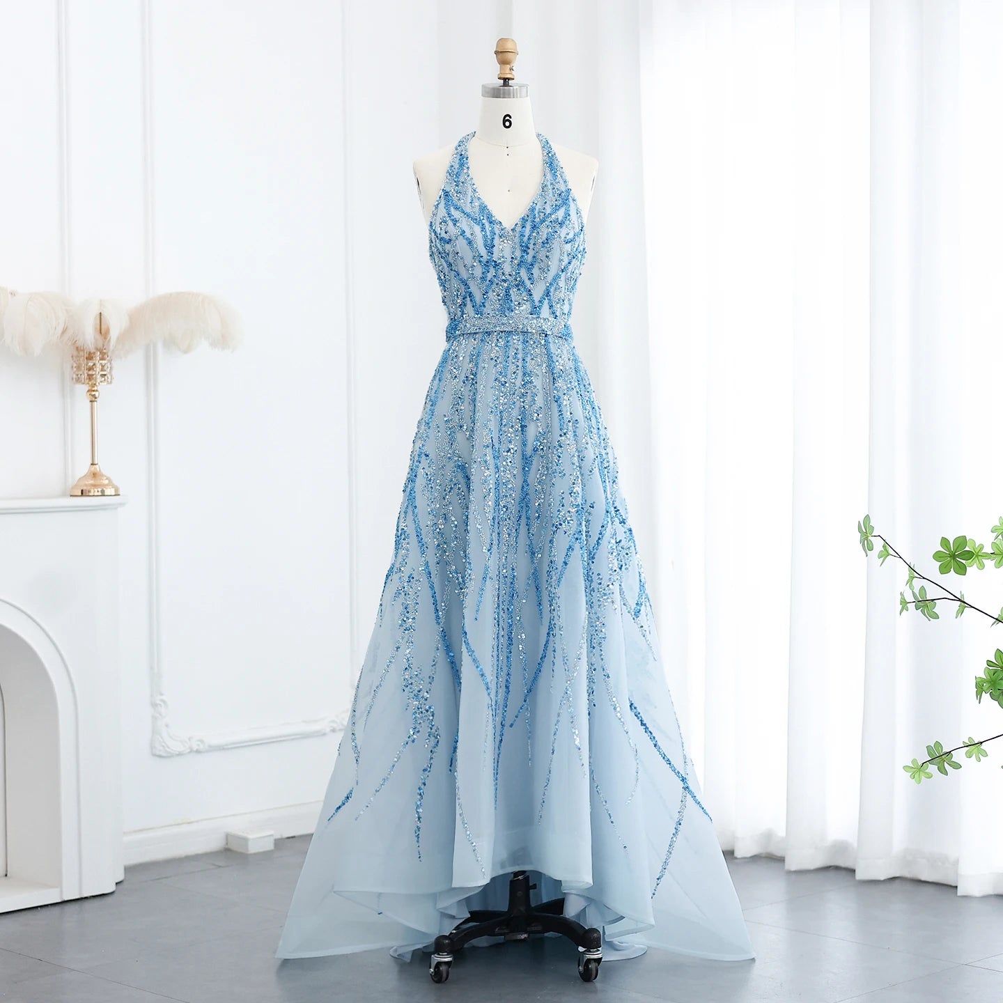 Beaded Evening Dress with Halter High neck