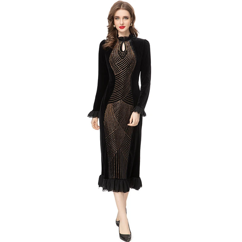Hadassah Flared Sleeve Stretch Velvet Patchwork Flounce Diamond Belt Dress Black / M Hadassah Flared Sleeve Stretch Velvet Patchwork Flounce Diamond Belt Dress Black / M