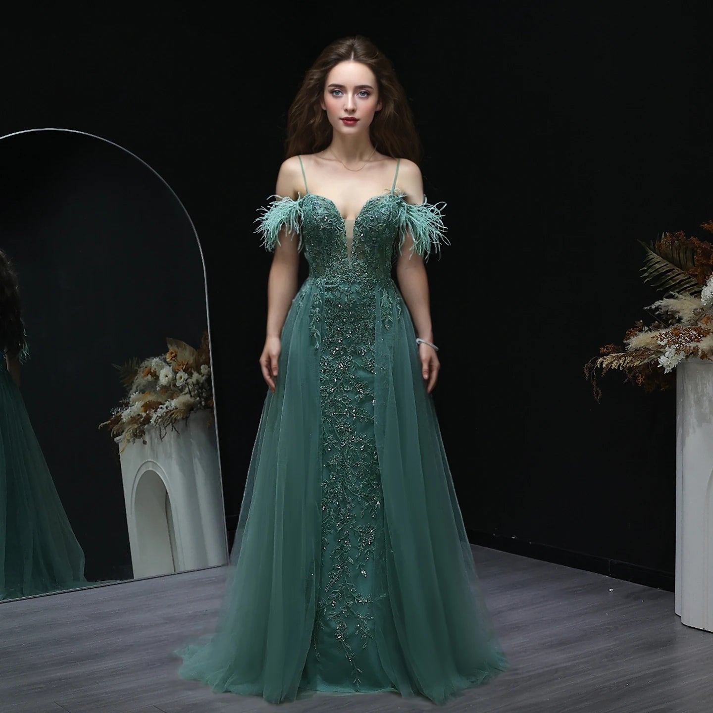 Maria Tulle A-Line Long Feather Off Shoulder Prom Dress