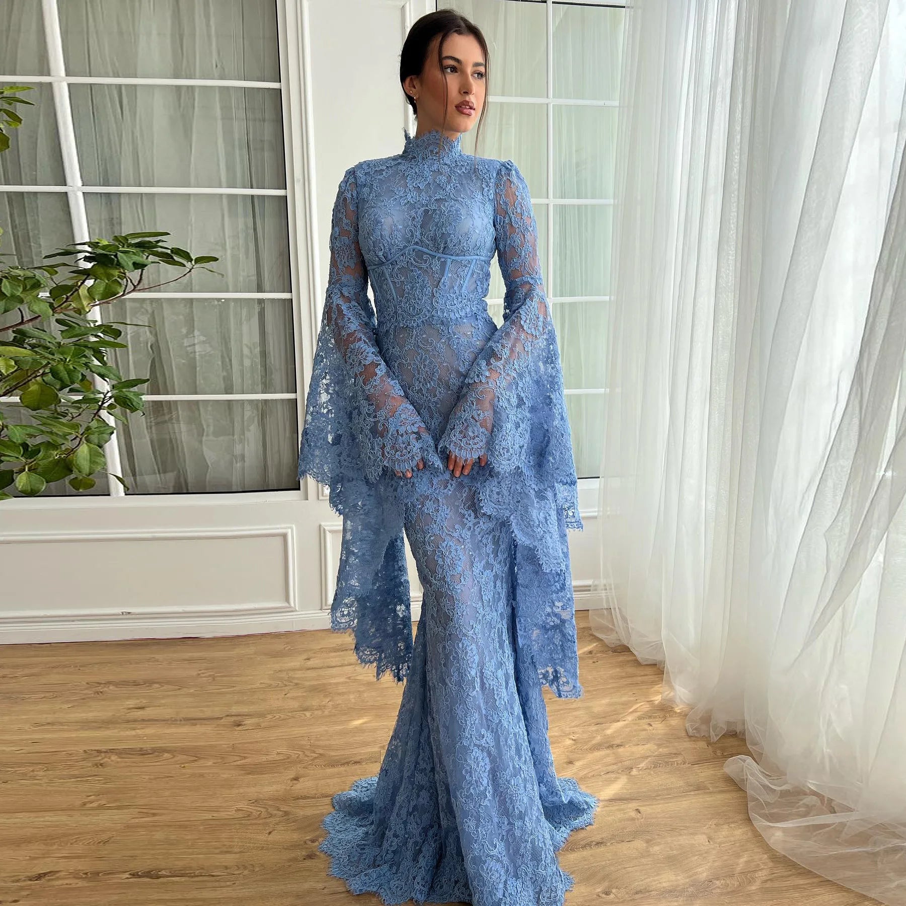 Bree Dubai Blue Lace Mermaid Evening Dress with High Neck Flare Sleeve Blue / 2 Bree Dubai Blue Lace Mermaid Evening Dress with High Neck Flare Sleeve Blue / 2
