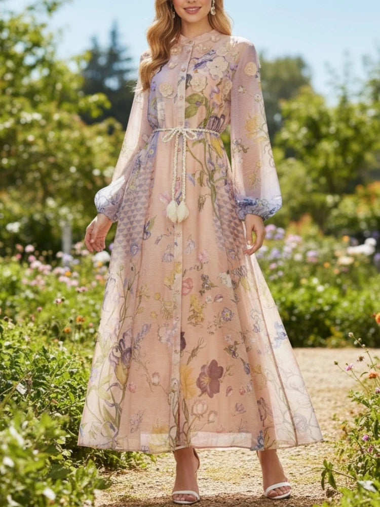 Maxine V Neck Lantern Sleeve High Waist Spliced Lace Up Maxi Dress