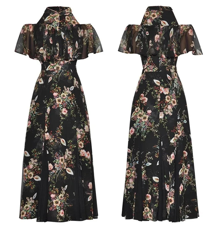 Kynlee Butterfly Sleeve Flower Print Mesh Patchwork Chinese Style Dress