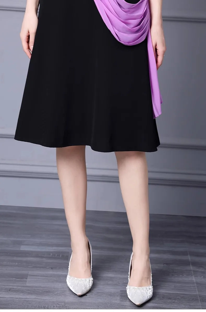 Ivana Short sleeve Pleats Ribbon Patchwork Black Dress