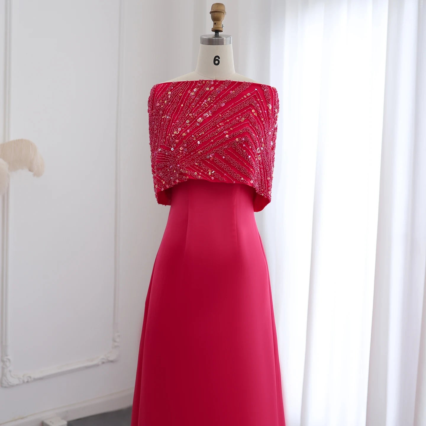 Elegant Off Shoulder Fuchsia Evening Dress with Cape