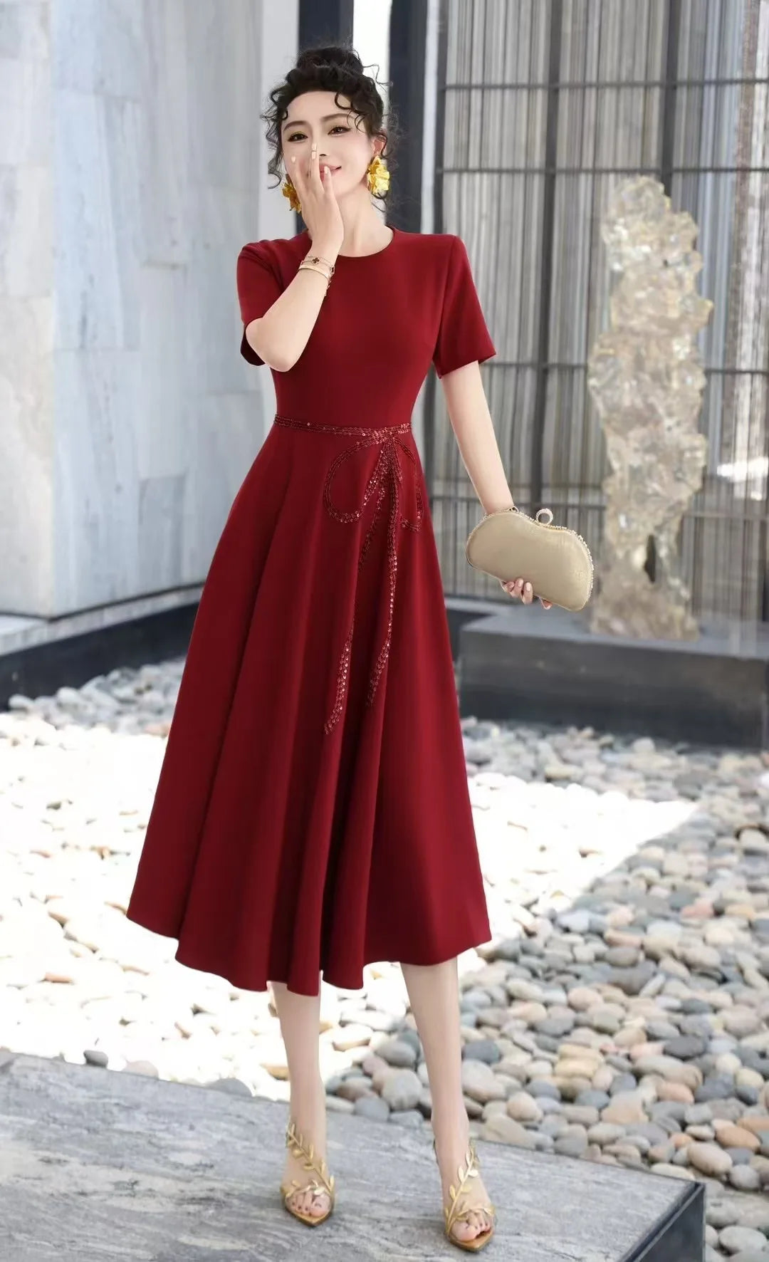 Haifa Round Neck Short Sleeve Bow Lace Up Dress