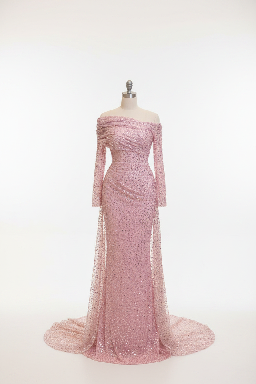 Nala Pink Sequined Evening Dress Off The Shoulder Full Sleeves Formal Occasion Dress