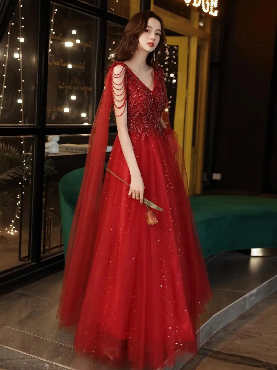 Jheanx Sexy V-neck Ball Gown Wedding Evening Party Summer Dress French Red Sequined Bride Wedding Dress Women Formal Vestidos