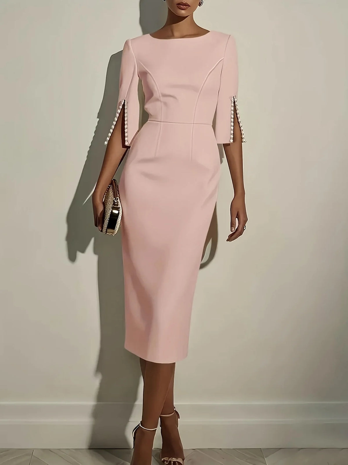 Carina Office Solid Color Commuter Bead Slim and Elegant Evening Party Dress
