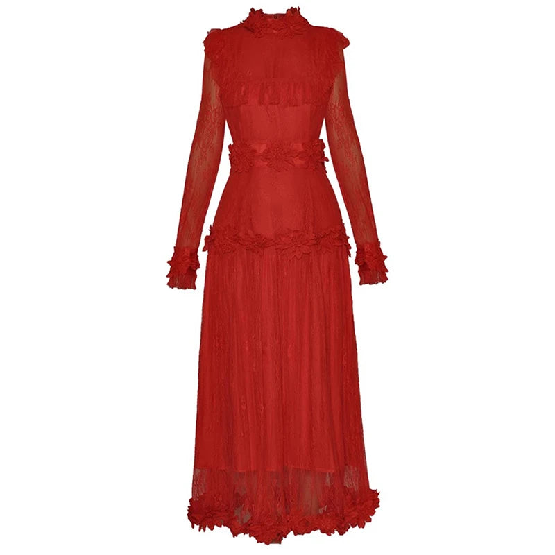 Niccola Stand Collar Long Sleeves Appliques Red Vintage Party Dress Red / XXL Niccola Stand Collar Long Sleeves Appliques Red Vintage Party Dress Red / XXL