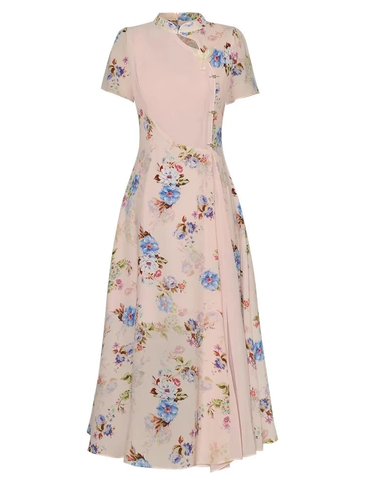 Leanna Stand Collar Short Sleeve Butterfly Beading Flower Print Vintage Dress