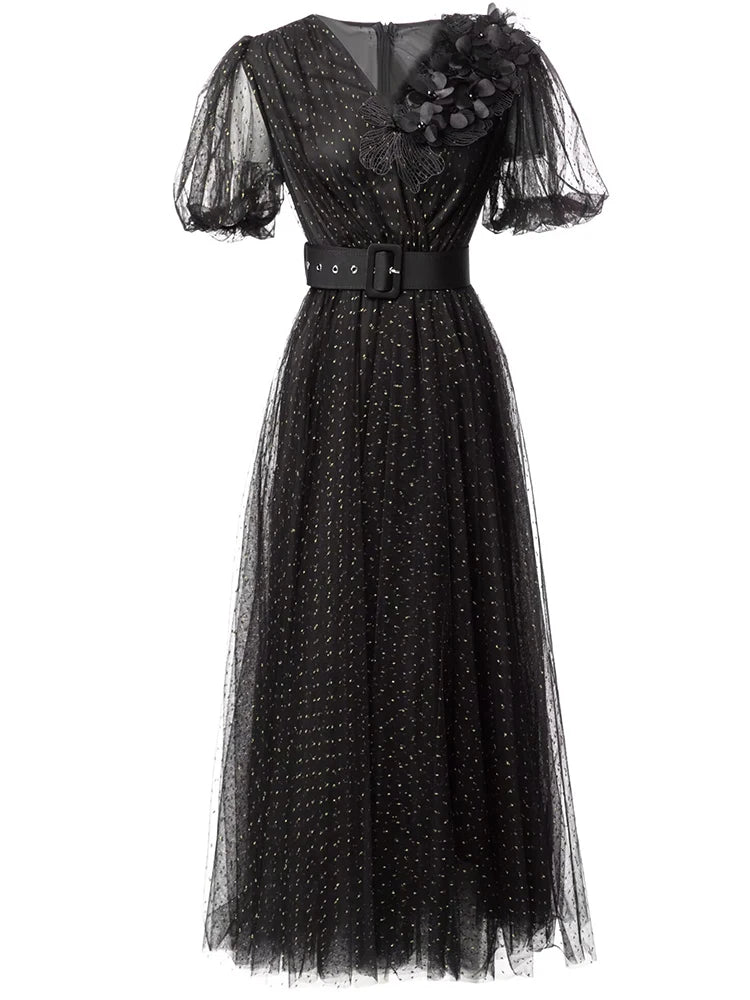 Mariana Puff Sleeve Beaded Applique Dress