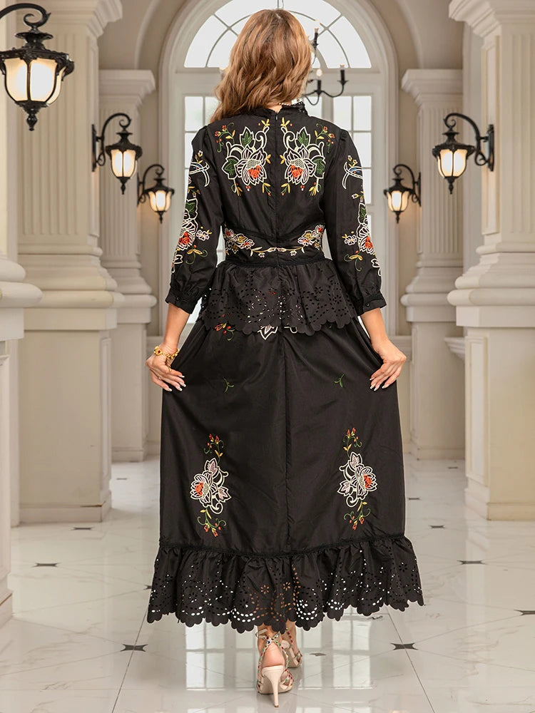 Santiago Embroidery Floral Splicing Lace Waist Ruffle Edge Dress