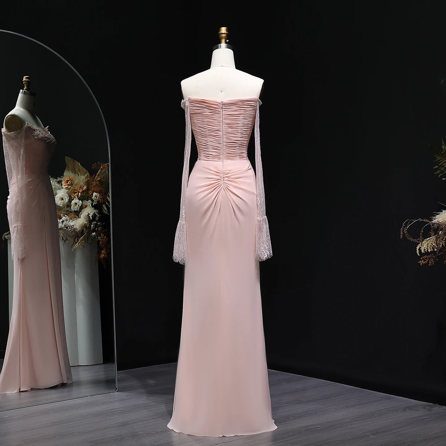 Karzen Pink Lace Off Shoulder Evening Dress