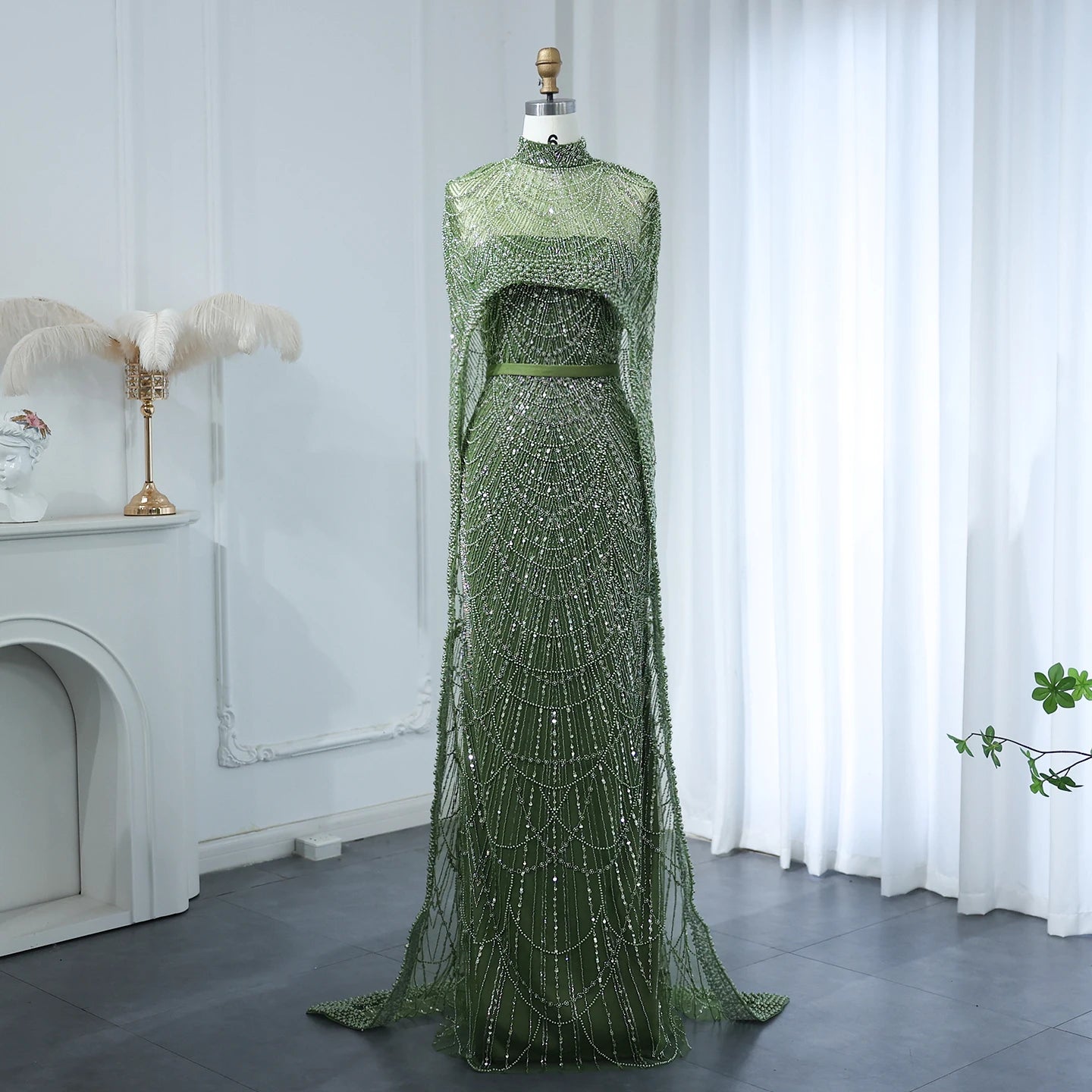 Luxury Pearl Evening Dress with Cape