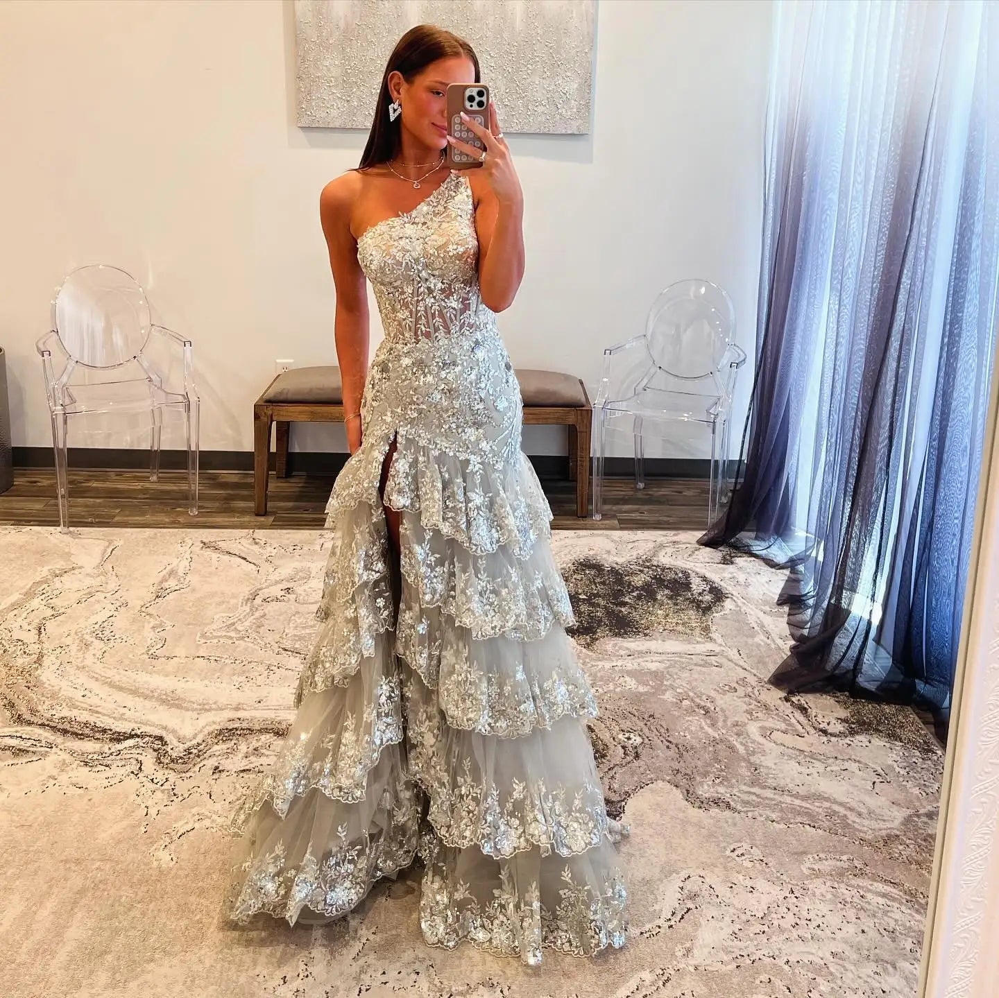 Sequin Evening Dress with silver Embroidery High side slit VanillaStyle Sequin Evening Dress with silver Embroidery High side slit VanillaStyle