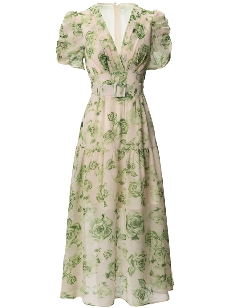 Bryce V-Neck Puff Sleeve Sashes Flower Print Vintage Dress