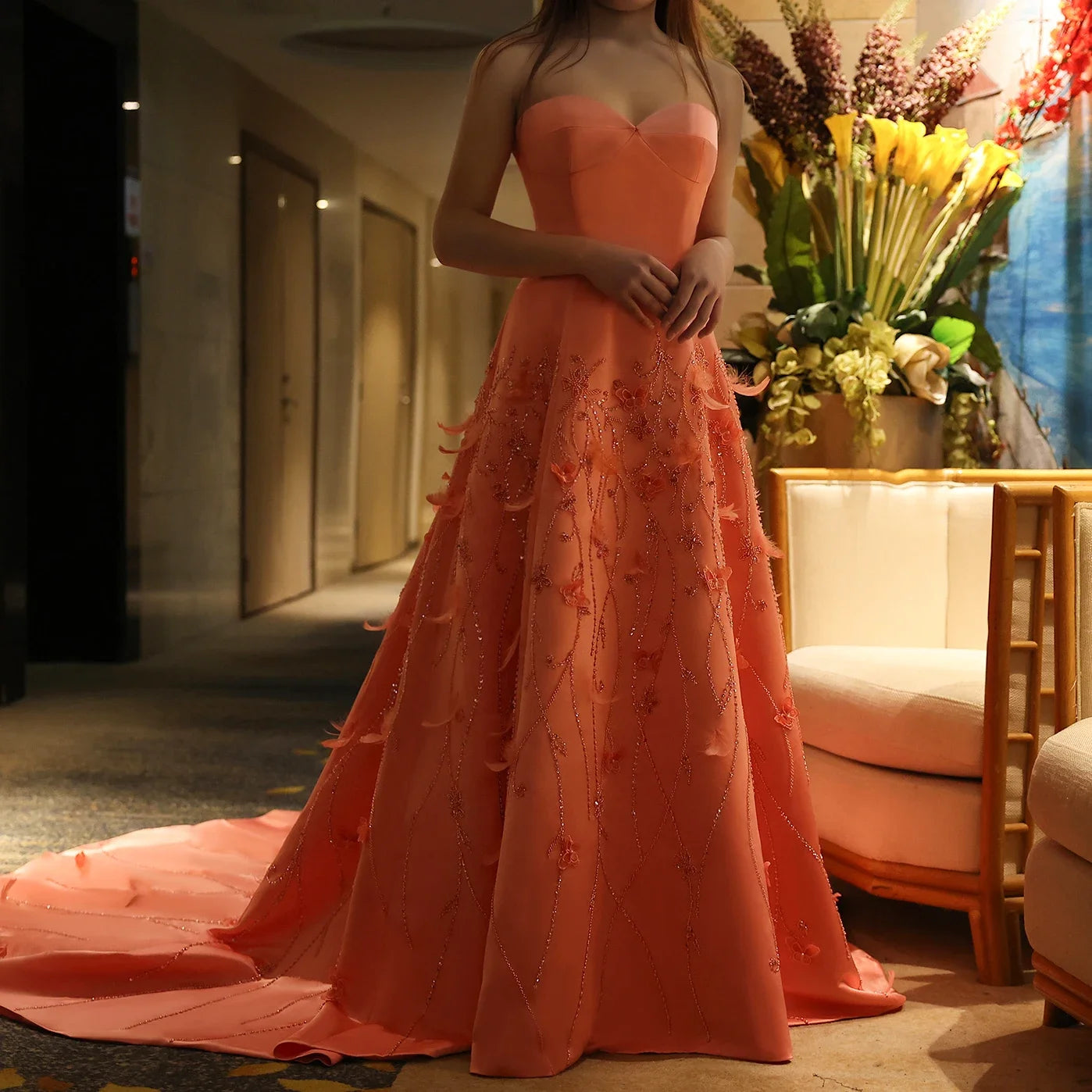 Carrie Coral Pink Luxury Feathers Dubai Evening Dress – VanillaStyle
