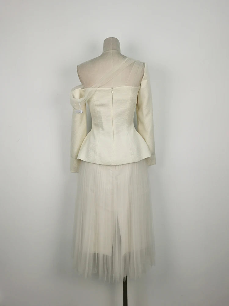 Angelica 2 Pcs Set Skew Collar Long Tops & High Waist Mesh Skirt Suit