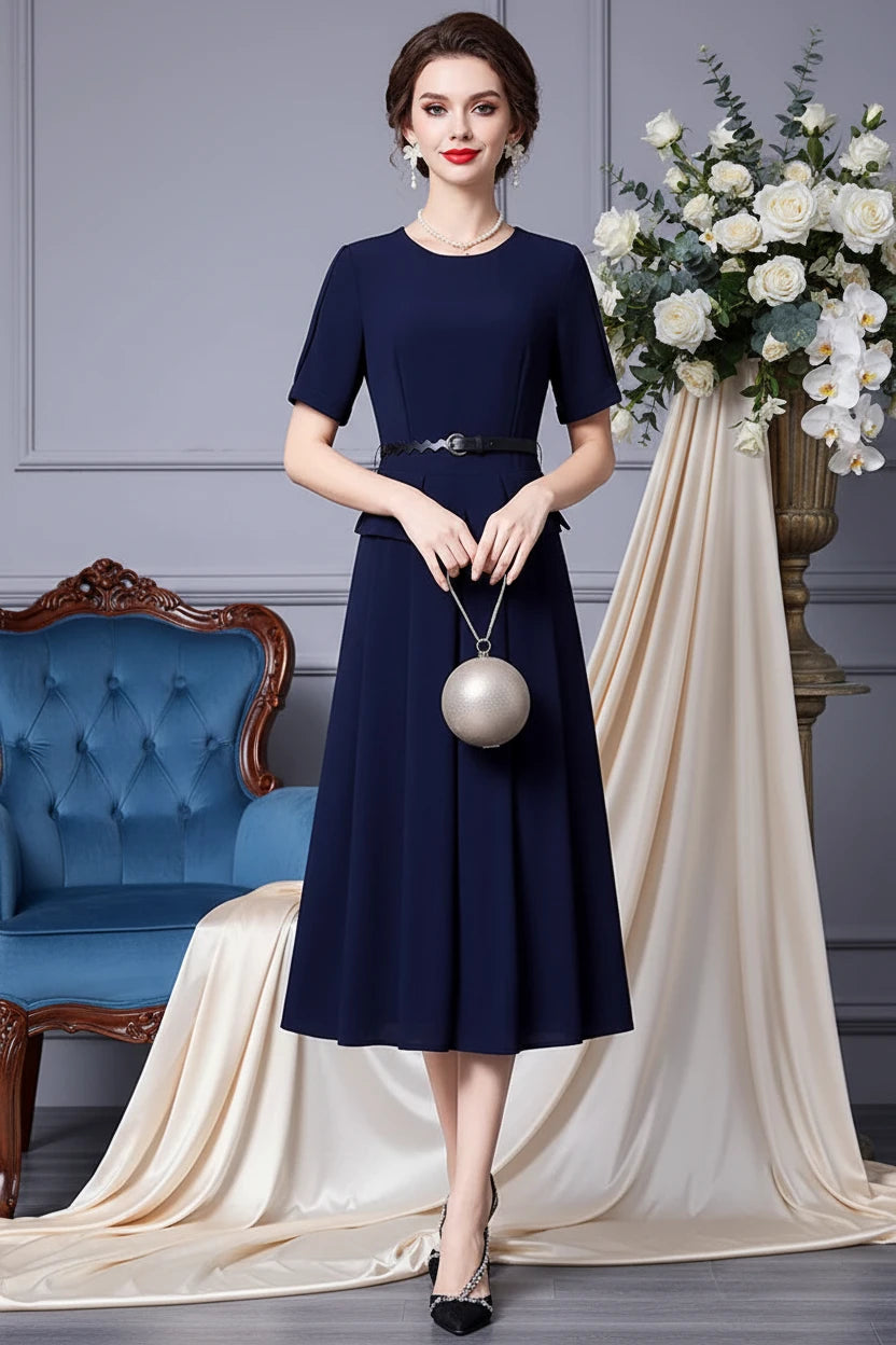 Everest Short Sleeve Lace-Up Flounced Edge Office Work Solid Color Dress Navy Blue / L Everest Short Sleeve Lace-Up Flounced Edge Office Work Solid Color Dress Navy Blue / L