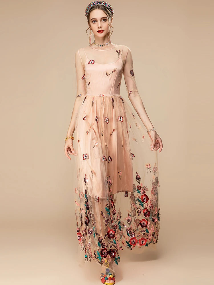 Zaria Floral Embroidery Vintage Party Long Dress Pink / M Zaria Floral Embroidery Vintage Party Long Dress Pink / M