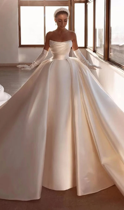 Nics Luxury Tiered Satin Ball Gown Wedding Dress Robe De Marriage Sleeveless Beading Pearls Off The Shoulder Bridal Skirts