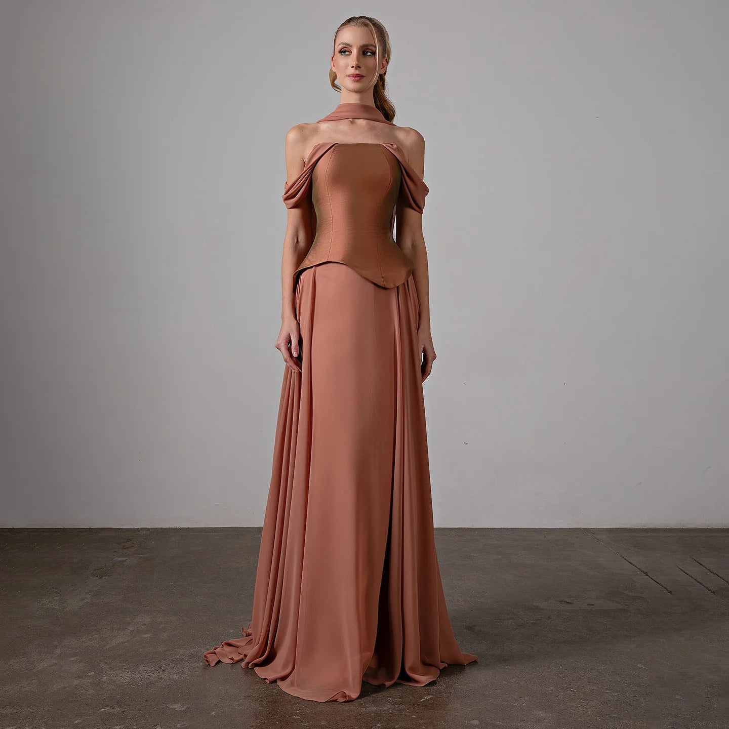 Off Shoulder Evening Dress with Scarf Chiffon Brown / 16 Off Shoulder Evening Dress with Scarf Chiffon Brown / 16