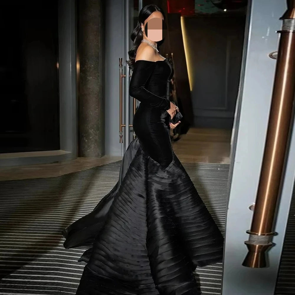 Bela Black Organza Evening Dresses Customized Strapless Long Sleeves Prom Dress Temperament Court Train Celebrity Gowns