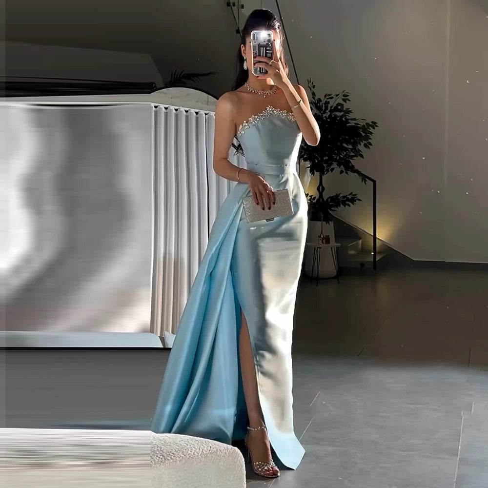 Vayne Evening Dresses for Women 2025 Sky Blue Satin Side Slit Column Evening Gown Long Draped Beaded Rhinestone Party Dress