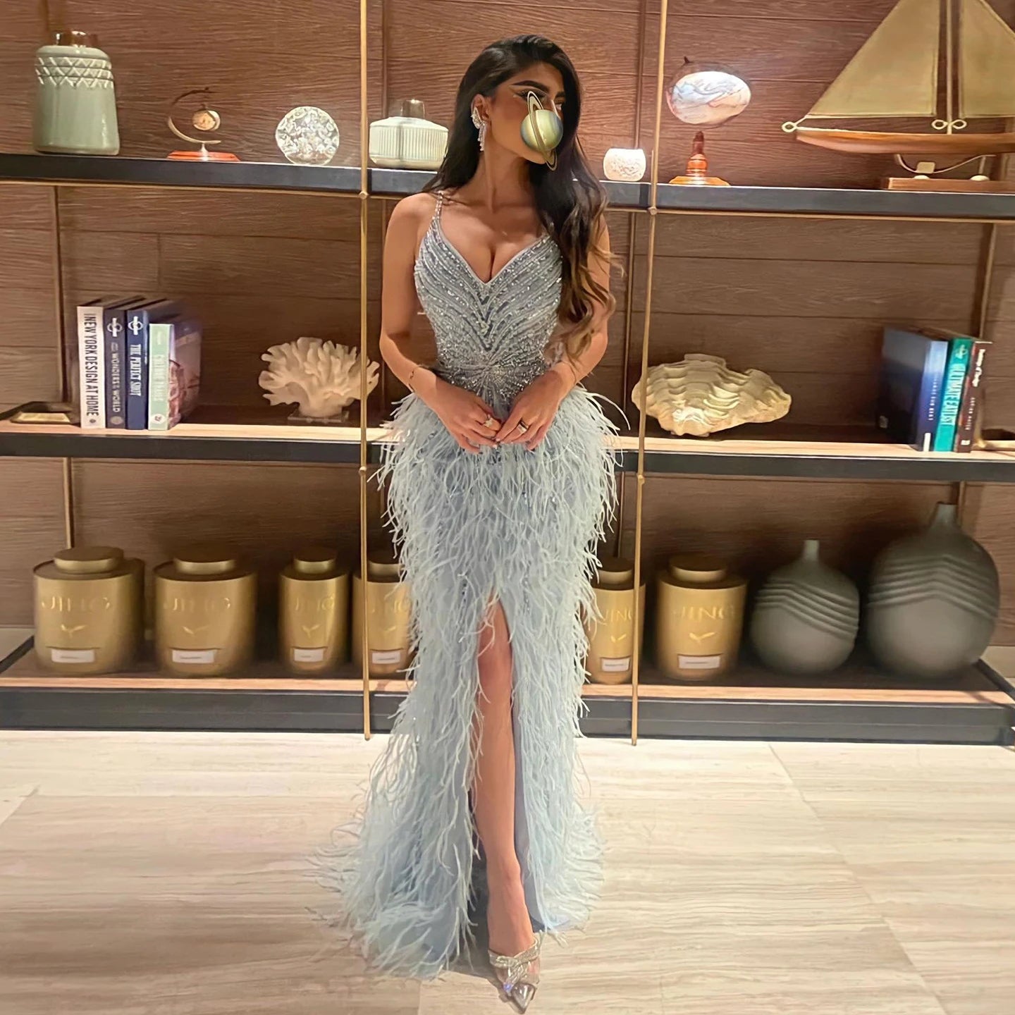 Luxury Beaded Blue Feather Prom Dress Black / 12 Luxury Beaded Blue Feather Prom Dress Black / 12