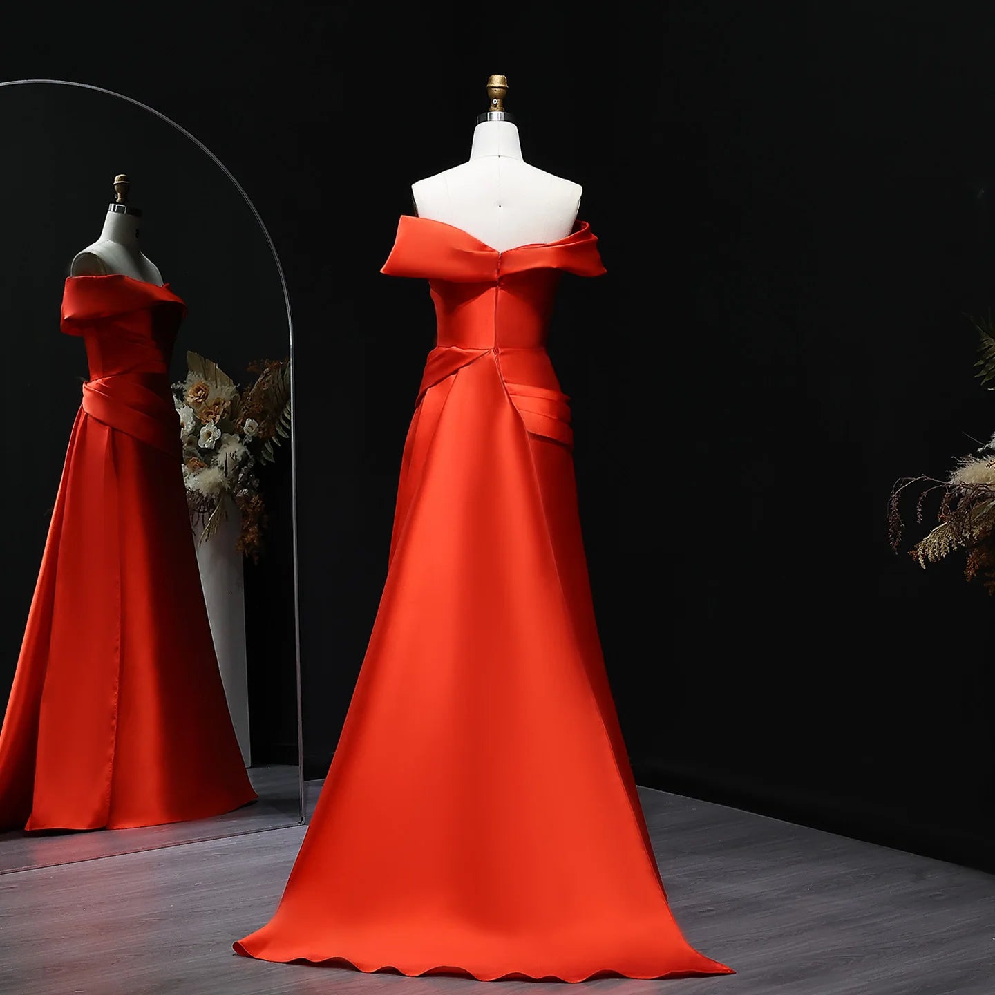 Marivic Elegant Off Shoulder Evening Dress with Train Pleats