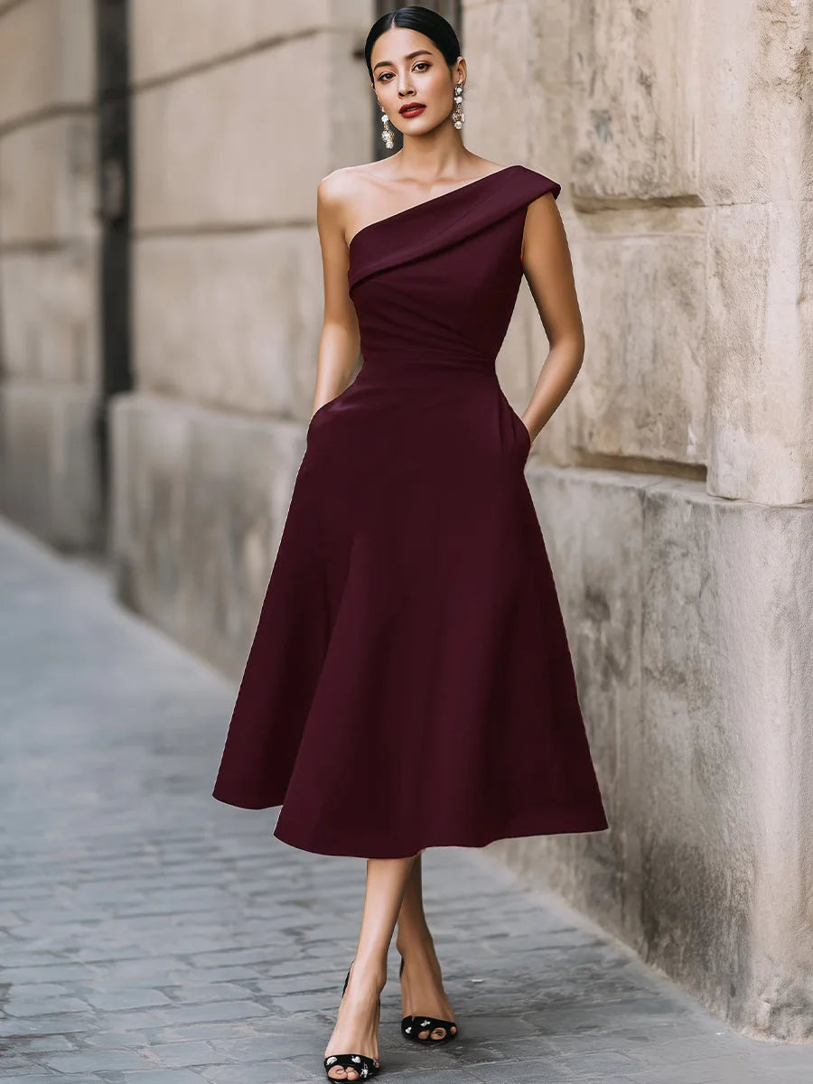 Wenny Off-shoulder Solid Color High Waist Slimming Simple Temperament A-line Skirt