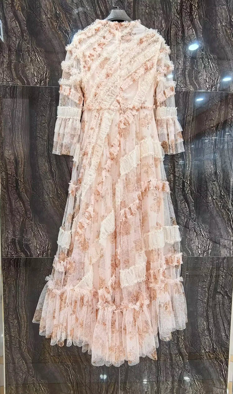 Aisha O-Neck Flare Sleeve Mesh Dot Print Ruffles Floral Dress