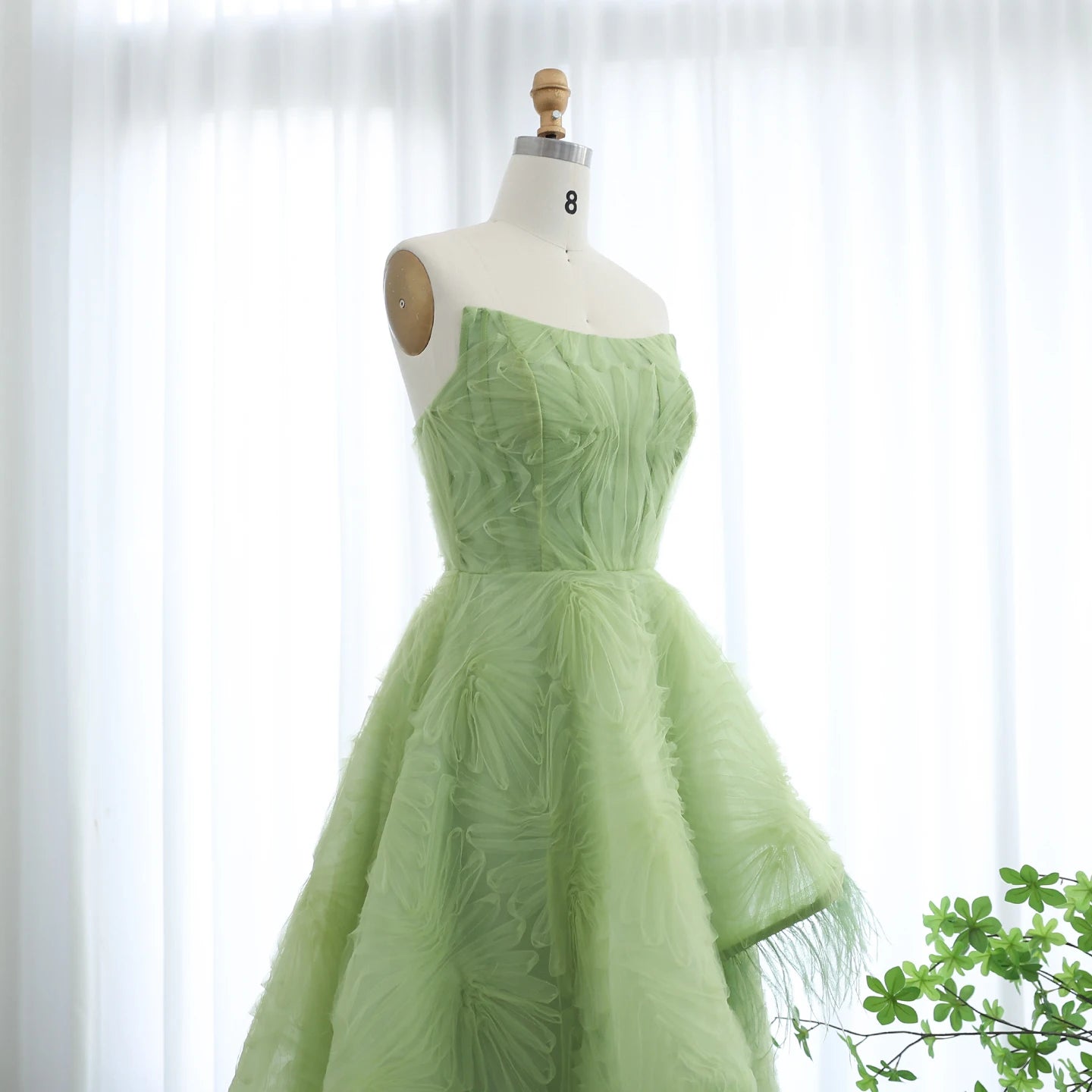 Mina Luxury Feather 3D Floral Lime Green Evening Dress