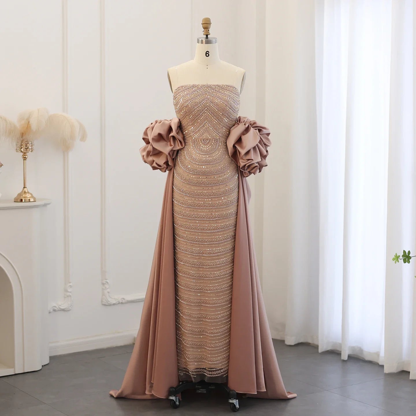 Strapless Luxury Dusty Rose Evening Dress with Cape
