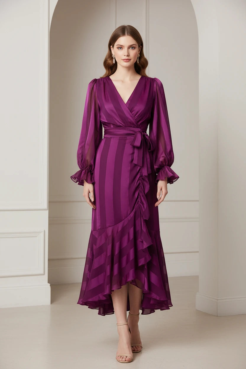 Kenia V-Neck Pleated Lantern Long-Sleeved Lace-Up Striped Top+Irregular Half Maxi Skirt 2-Piece Set