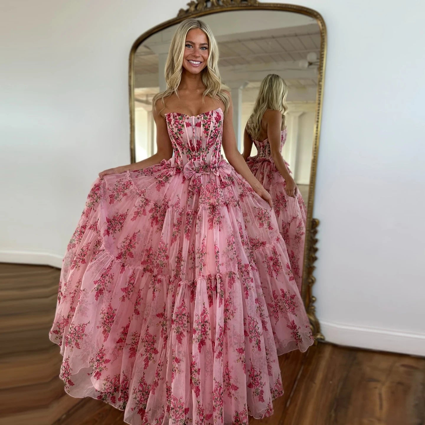 Loralie Pink Floral Print Chiffon Porm Dress