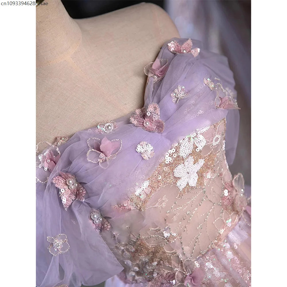 Mich Pink Purple Evening Dress Women Sweet Pleated Off The Shoulder Flower Applique Prom Gown Sequins A-Line Vestido