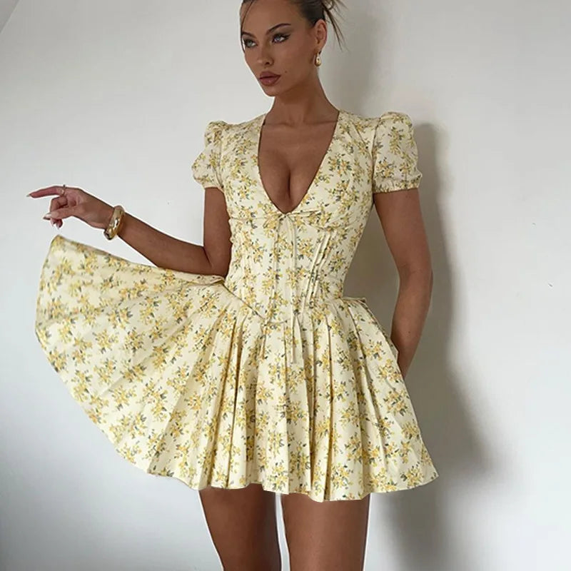 Yanie Summer Yellow Floral Print Short Dresses