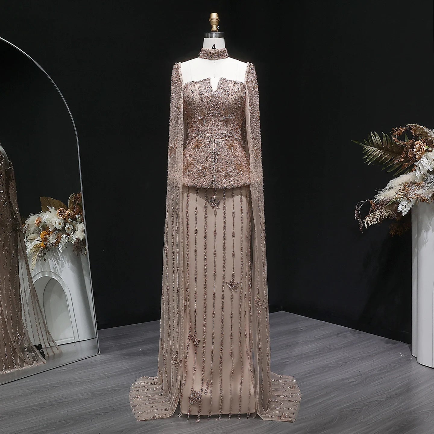 Barbie Elegant Cape Sleeve Evening Dresses Luxury Beaded Gown