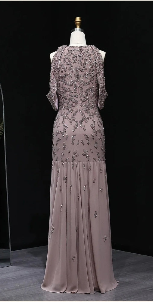 Alora Beaded Mauve Snap Sleeves Evening Dress