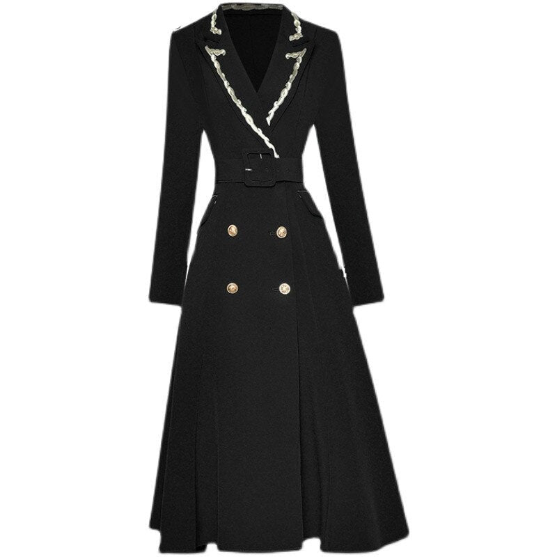 Mona Autumn Winter Trench  Embroidery Turn-down Collar Overcoat