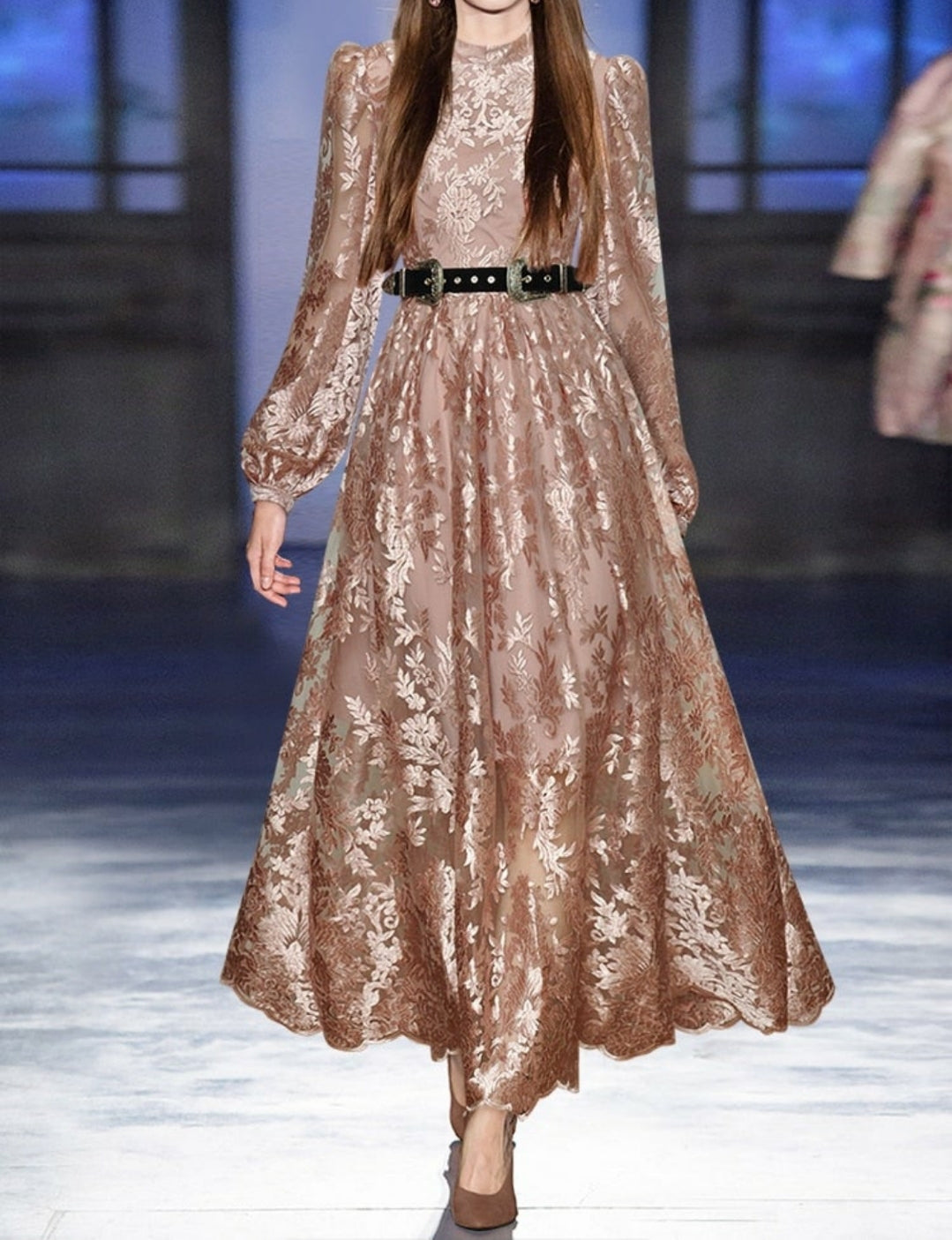 Amara Lantern Sleeve Sashes Floral Embroidery Vintage Dress