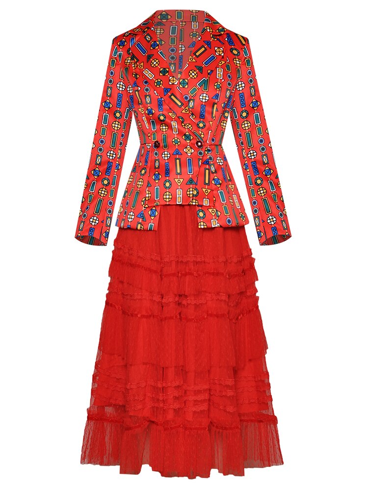 Dana Long sleeve Stripe Print Suit Tops+Mesh Skirt Two-piece set