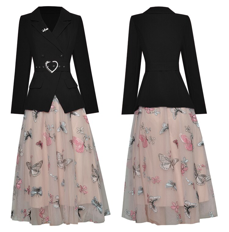 Celeste Black Jacket Coat and Mesh Embroidery Midi Skirt Two Piece Set