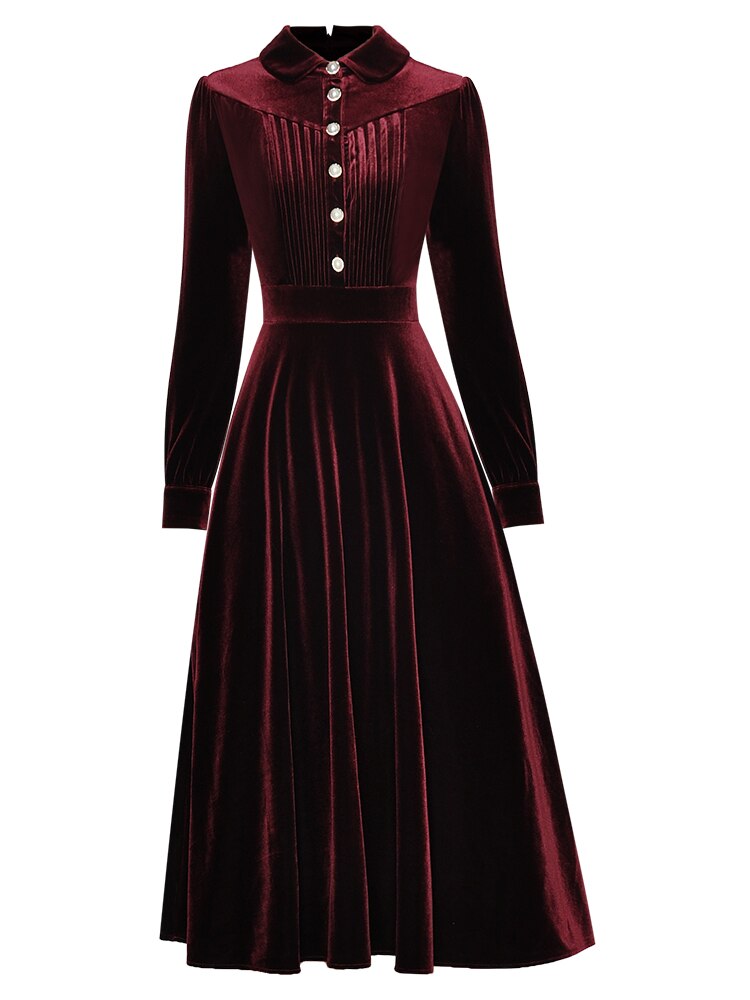 Carmen Turn-down Collar Single-breasted Long Sleeve Velvet Dress