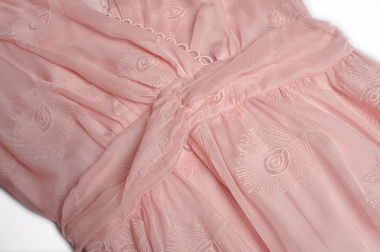 Monique V-neck Flared sleeves High waist Embroidery Long Pink Party Dress