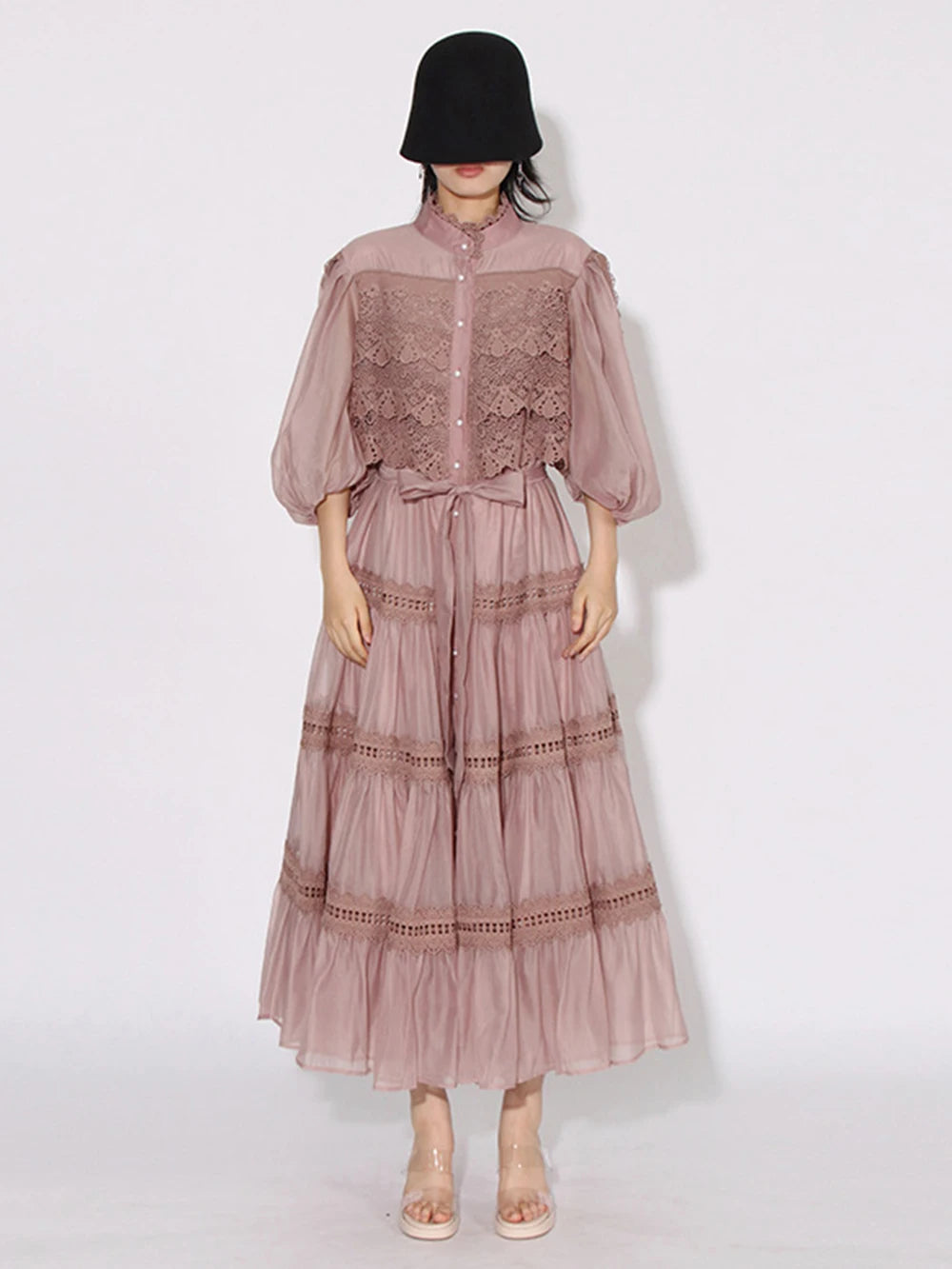 Eva  Stand Neck Short Sleeve  Lace Up Dress