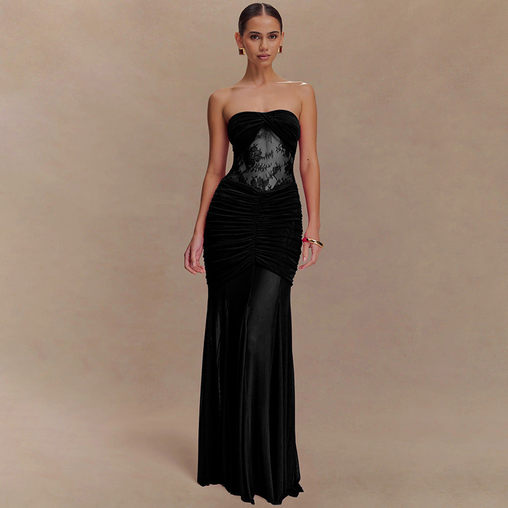 Wevy strapless long dress with pleated perspective dress